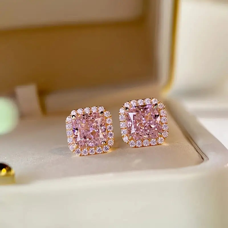 Luxurious Pink Artificial Gemstone Stud Earrings